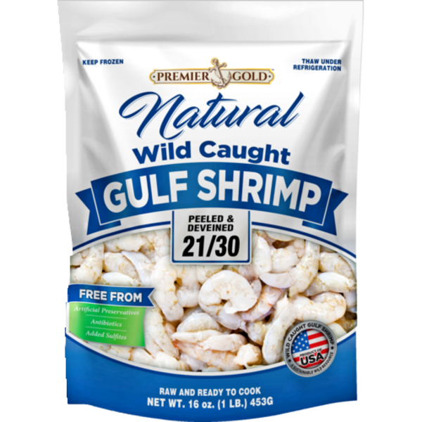 Premier Gold 21/30 Count Wild Caught Frozen Peeled & Deveined Raw Gulf Shrimp