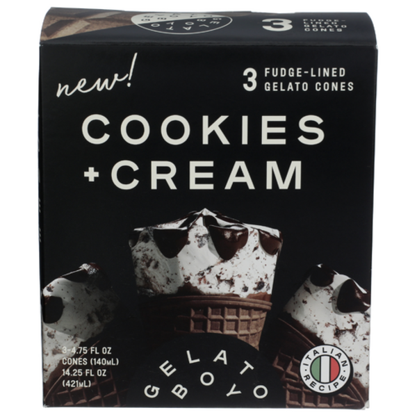 Gelato Boy Italian Cookies + Cream Fudge-Lined Gelato Cones 3 Pack